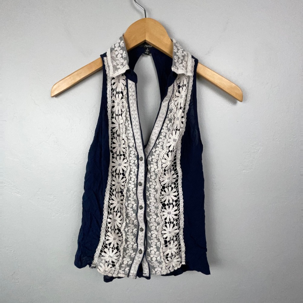 Papaya Top Women S Navy Blue Lace Crochet Sleeveless Shirt Boho Whimsigoth